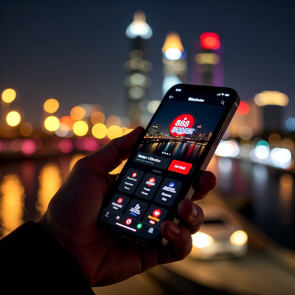 A hand holding a luxury smartphone displaying the official 888starz Uzbekistan app with a sleek red and black interface, background is the Tashkent City skyline with the Hilton and Nest One towers at night, vibrant golden and red bokeh lights, 3D golden c